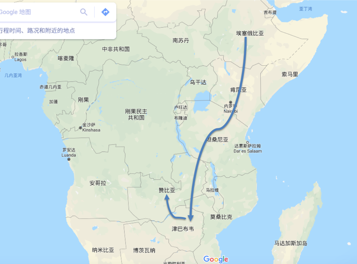 近似北京到伦敦,用时11小时;再经停津巴布韦的哈拉雷最终到达目的地